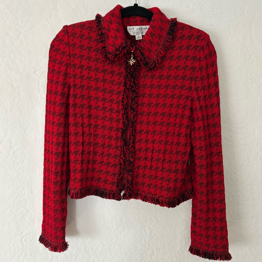 St. John Collection by Marie Gray Red and Black Textured Fringe Jacket